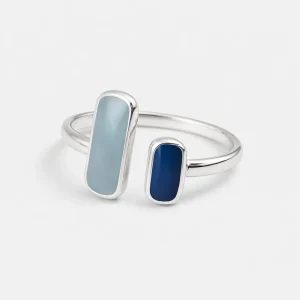 Rektangulær Blå Steinsølv Ring – Trendy og Retro Geometrisk Design for Kvinner