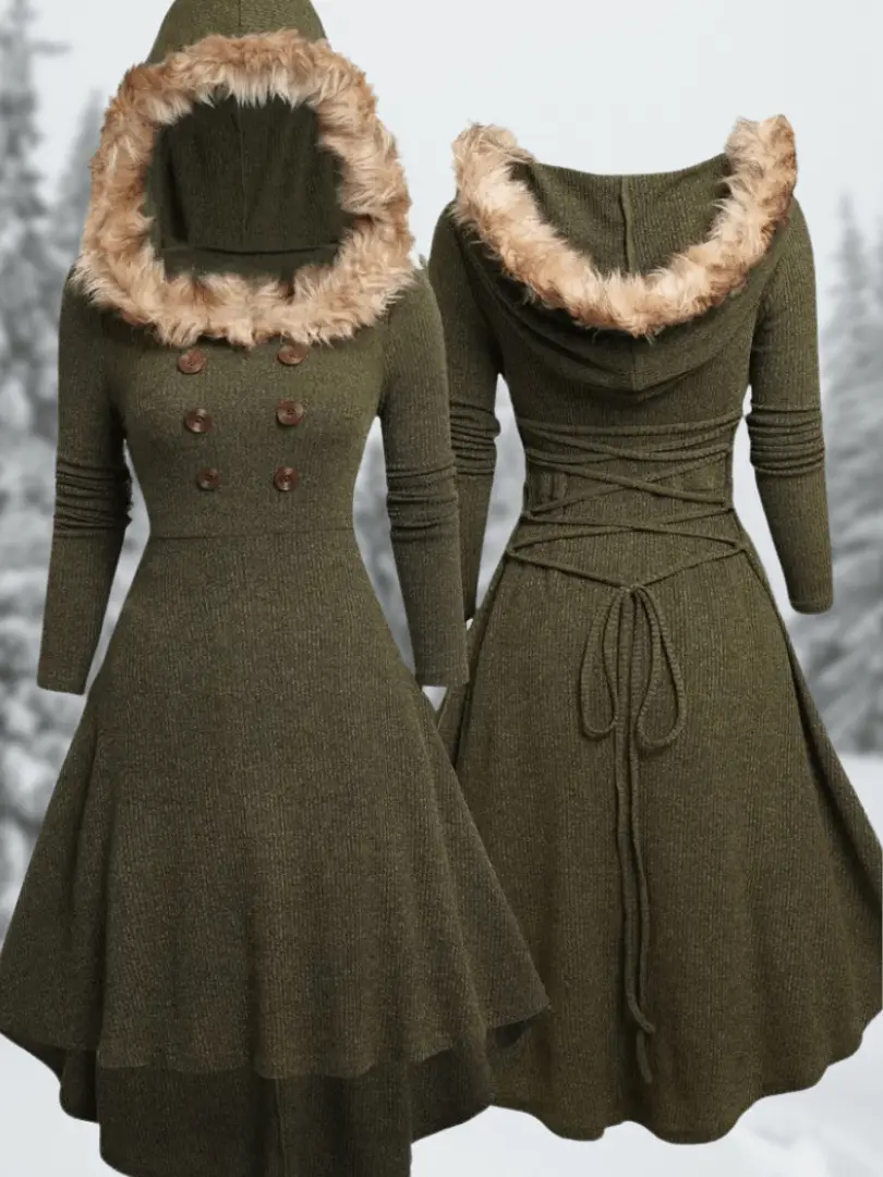 Elegant fuskepelshette-kjole til kvinner – Justerbart midjebånd og ribbestrikket design - Image 2