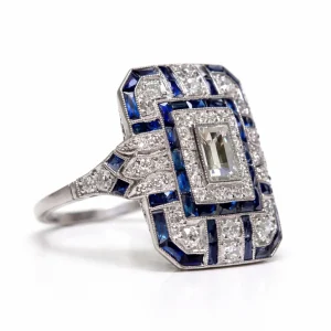 Retro Firkantet Ring med Hvit og Blå Zirkon – Klassisk Forlovelses- og Bryllupsring