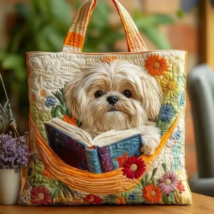 Håndlaget shih tzu-veske med bok og blomster