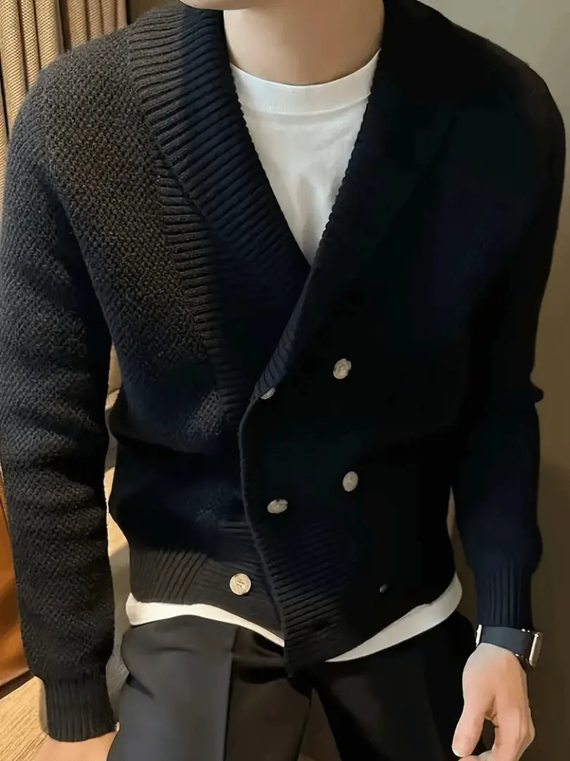 Dobbelkneppet strikket cardigan for menn – Elegant genser med sjalskrage til vinteren