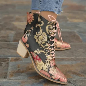 Vintage Blomstermønstrede Støvletter til Dame - Chunky Hæl Western Cowboy-Stil med Spiss Tå