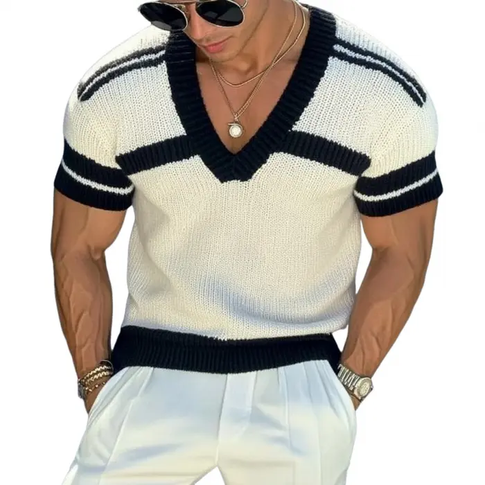 EliteKnits - Herre Strikkegenser med Striper og V-hals, Slim Fit - Image 3