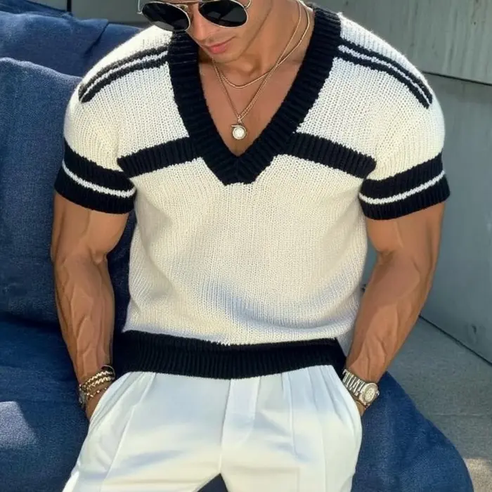 EliteKnits - Herre Strikkegenser med Striper og V-hals, Slim Fit - Image 2