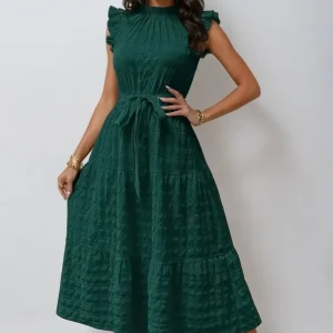 FashionFlow - Elegant Midikjole med Rufsete Ermer og Knytinger