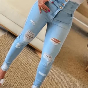 FashionEdge - Rippede Skinny Bukser med Høy Midje for En Trendy Look
