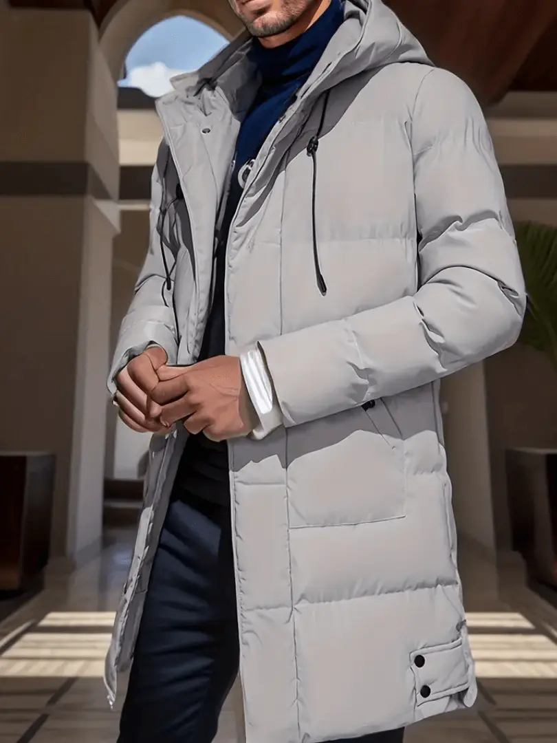 Varm Mellomlang Jakke med Hette for Menn - Casual Glidelåsfrakk for Høst og Vinter - Image 3