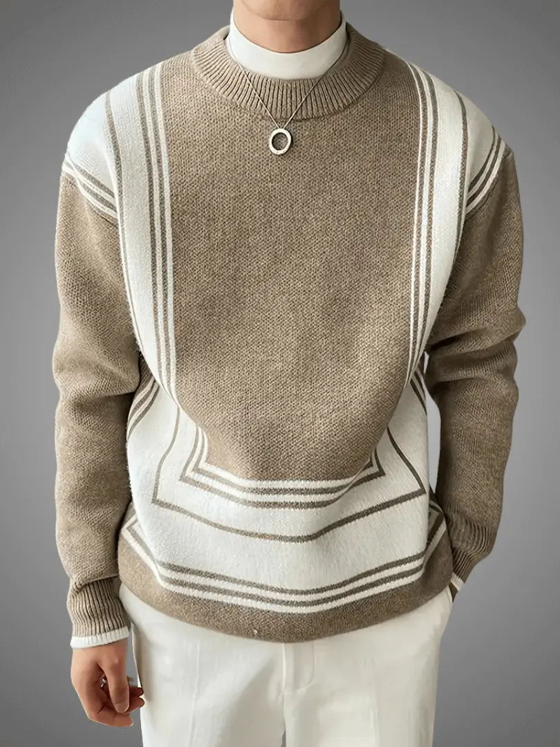 Herresweater i blokkmønster – tykk strikket genser med rund hals - Image 7