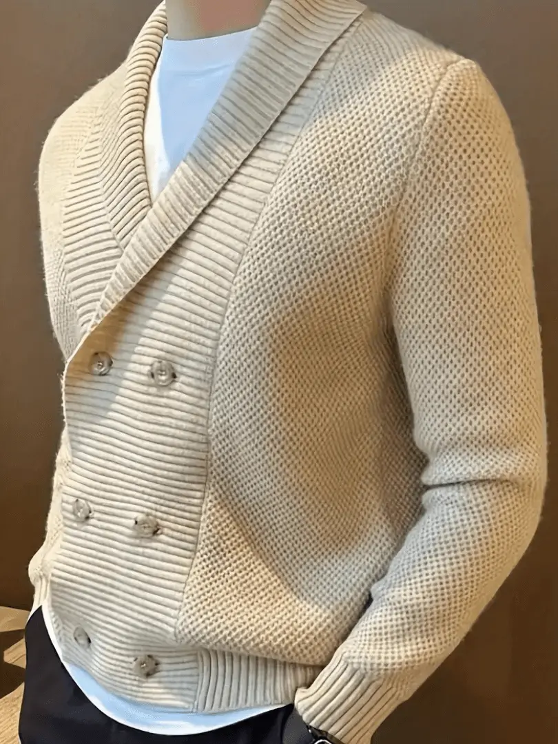 Dobbelkneppet strikket cardigan for menn – Elegant genser med sjalskrage til vinteren - Image 8