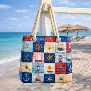 Håndlaget strandveske | Marine patchwork