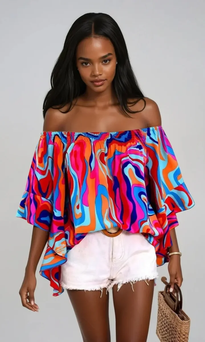 ChicVibe - Bluse med Trykk Uten Skuldre for En Uanstrengt Stil