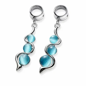 2-Pakning Øreplugs i Rustfritt Stål med Cat’s Eye Stein – Dangle Ear Tunnel til Stretch