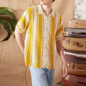 VibrantKnit - Herre Kortermet Strikket Stripet Cardigan