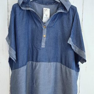 Denimlook Topp med Hette blå denim