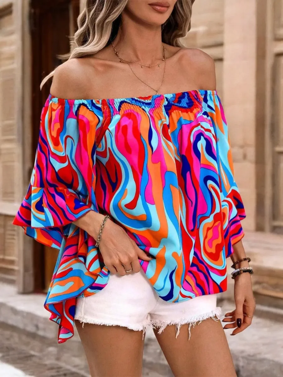 ChicVibe - Bluse med Trykk Uten Skuldre for En Uanstrengt Stil - Image 3