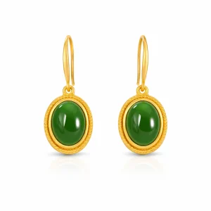 Vintage Gullfargede Øredobber med Grønn Hetian Jade – Oval og Eksklusiv Design