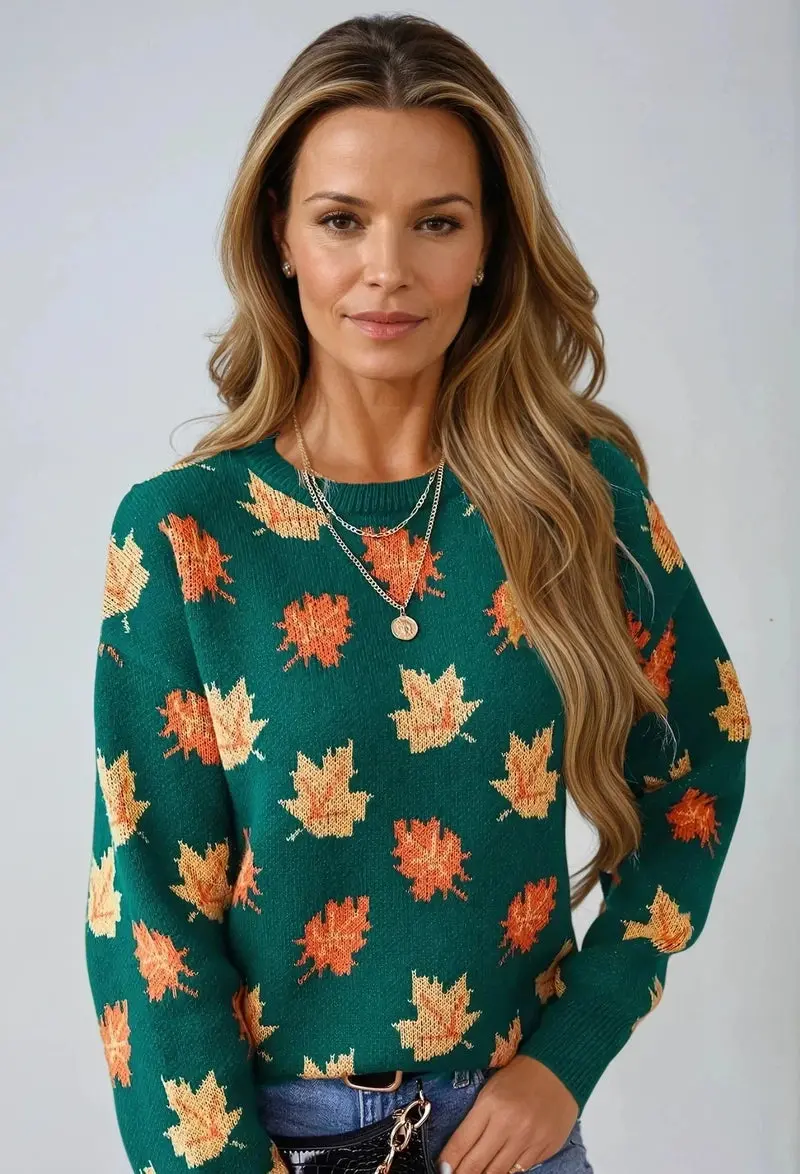 Autumn Embrace Genser – Ikonisk Design med Lønneblad Detaljer - Image 2