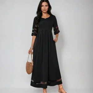 NoirGrace - Elegant Maxi Kjole med Gjennomsiktige Ermer